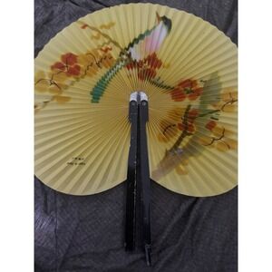 Vintage Chinese Folding Hand Fan Yellow Paper Painted Bird Floral Art Decor